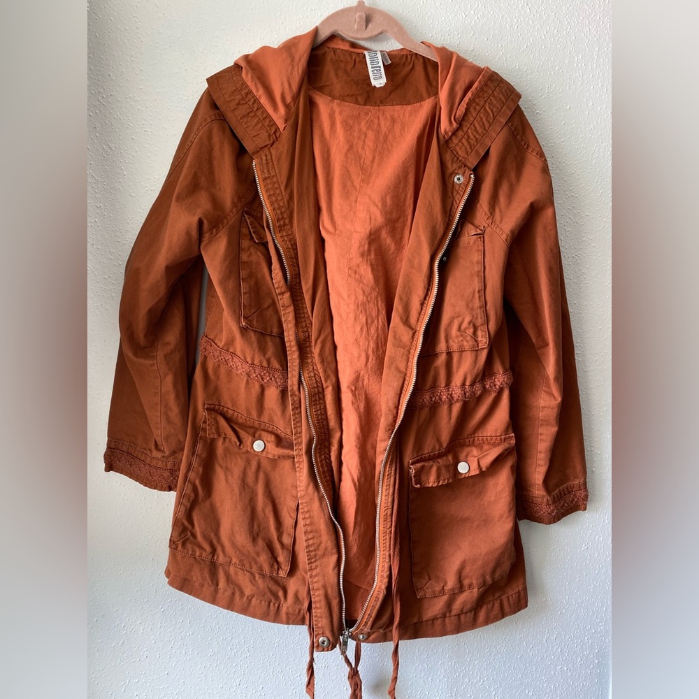 Monoreno Boutique Rust Orange Duffel Jacket with Crochet Details + Hood